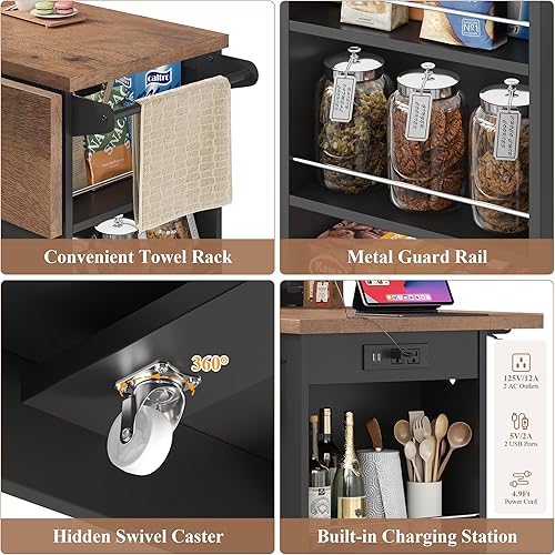 Miniatura 8 de Keyluv Isla de almacenamiento de cocina con 2 taburetes, carrito de cocina móvil de 51 pulgadas con hoja de caída y toma de corriente, mesa de isla
