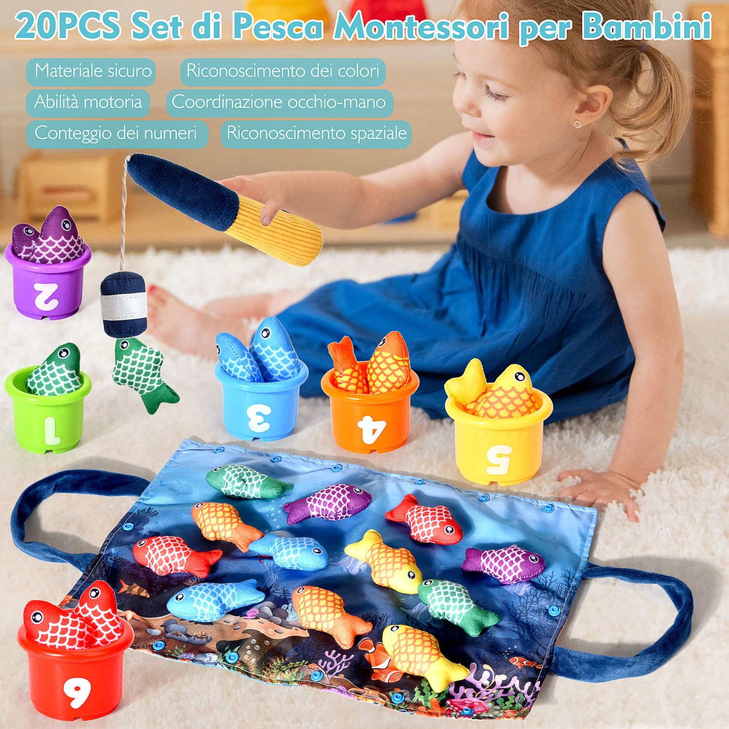 Yitical Giochi Bambini 1 Anno 2 Anni, 20PCS Montessori Gioco Pesca Morbidi, Regalo Bambino 6 12 18 Mesi, Interattivi Educativo Giocattoli Bambino