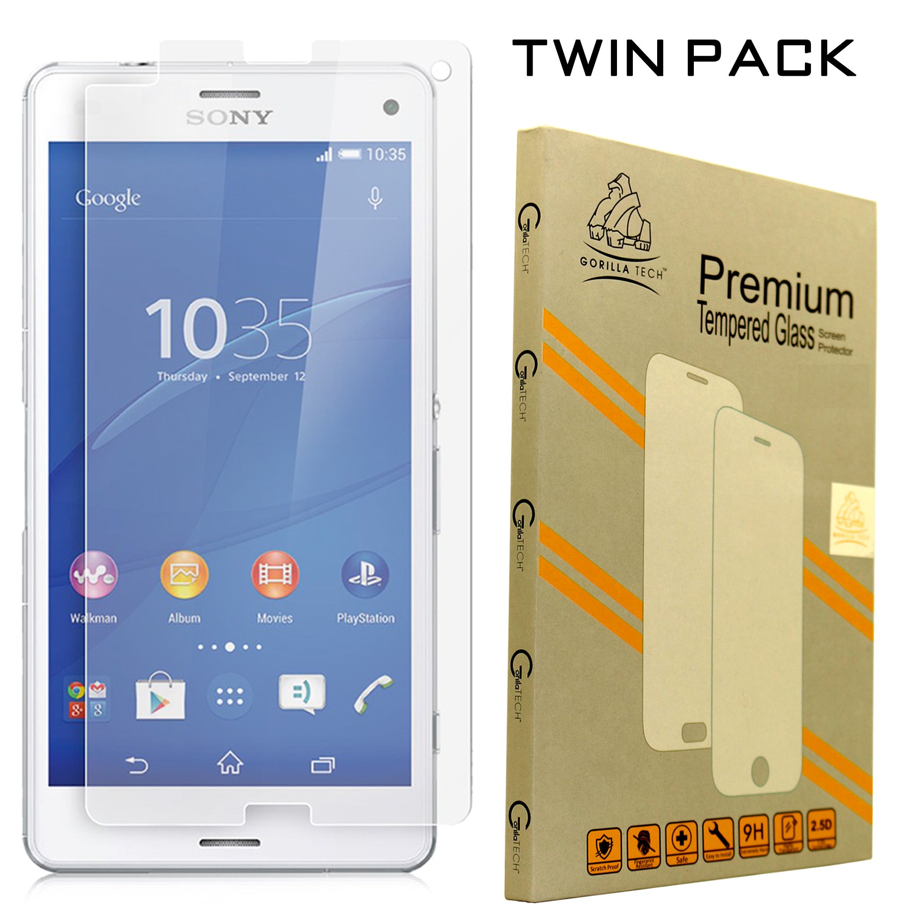 Twin Pack Premium Tempered Glass Screen Protector for Sony Xperia Z5 Invisible Shield Cover 9H Hardness Crystal Clear HD Quality Shatter and Scratch Resistant 3D Touch Compatible Guard
