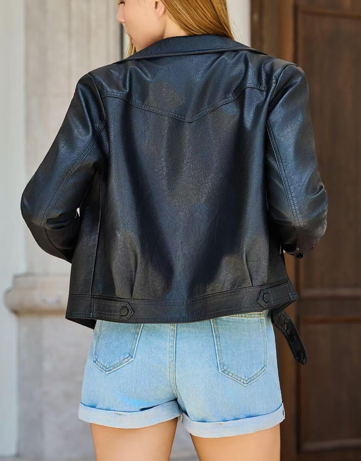 Women's Faux Leather Jacket Classic Cropped Motorcycle Biker Jacket Slim Fit Lightweight for Spring Fall - Image 7