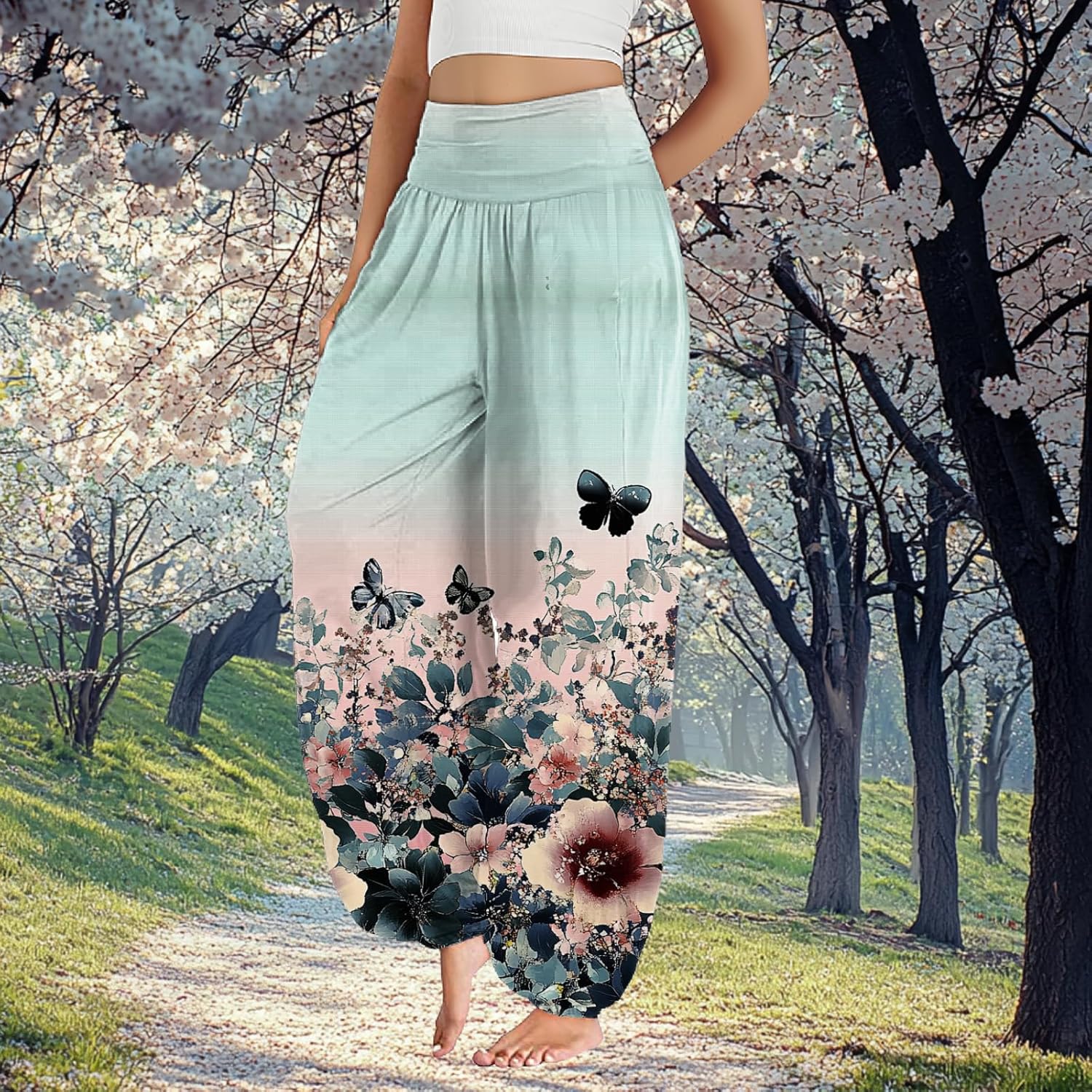 Boho Pants for Women Blue Floral Loose Fit Comfy Plus Size Elastic Waist Flowy Wide Leg Cropped Palazzo Trousers - Image 2