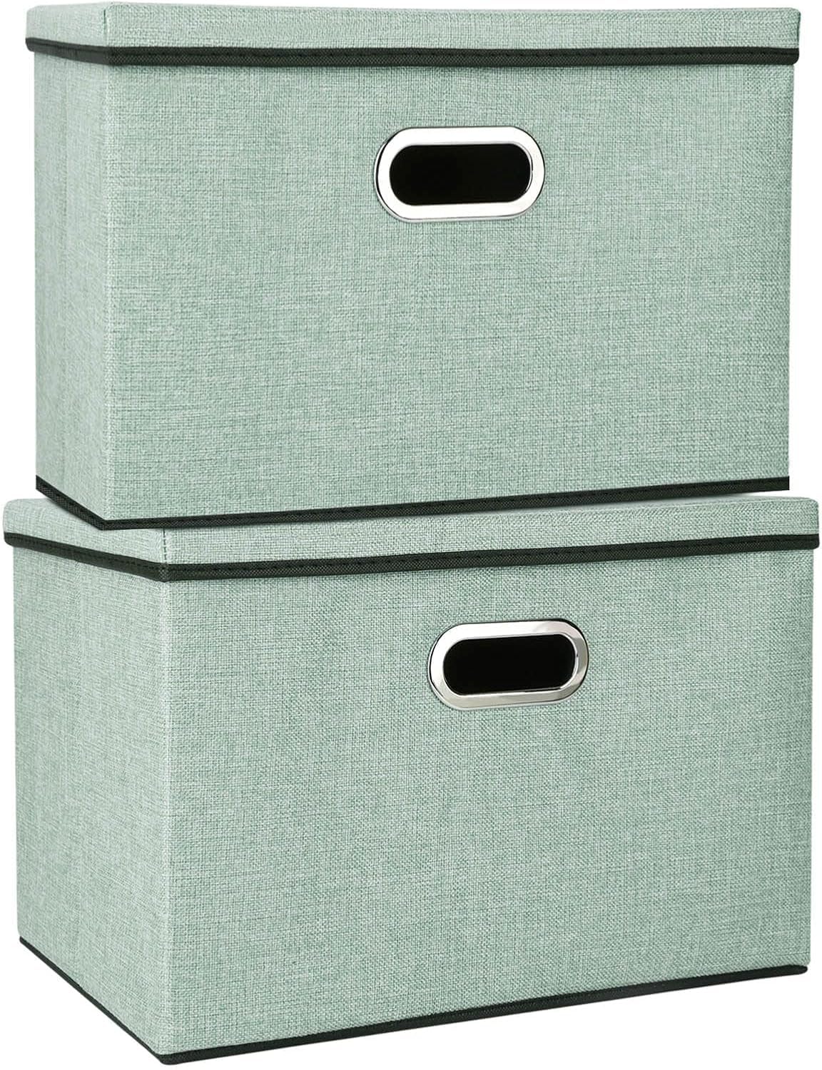 M.J COMFY-LIFE 2 Pack Storage Boxes with Lids 45x30x30cm Large Collapsible Storage Baskets for Shelves Foldable Linen Fabric Storage Bin Cube Storage Unit for Organizing Clothes Toys (Green)