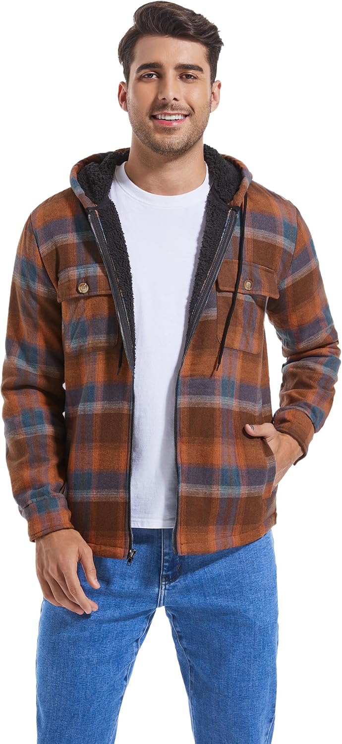 Men's Flannel Plaid Hooded Jackets Full Zip Sherpa Fleece Lined Hoodies Fashion Warm Coat - Image 2