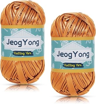 JeogYong 2 Skein Metallic T-Shirt Yarn, 2 x 100g2 x 49yd Polyester Knitting Fabric Ribbon Yarn, Chunky Crochet Tape for Crocheting Bags, Baskets, Home Decor, DIY Crafts Turmeric