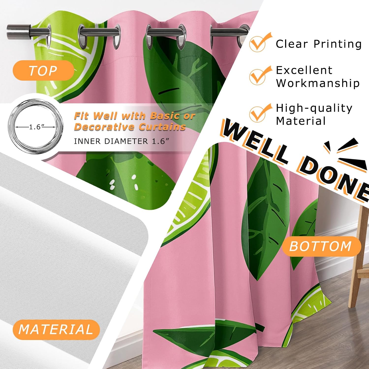 Lemon Curtains 63 Inch Length - Citrus Fruit Summer Green Pink Patterned Blackout Curtains for Living Room Bedroom, Room Darkening Grommet Drapes Window Treatments, 2 Panel Set