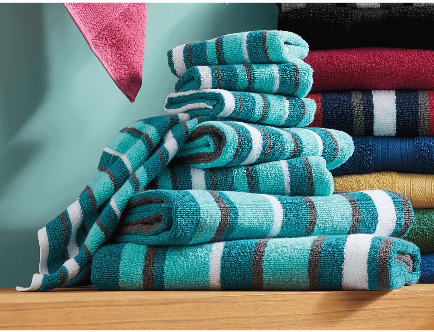 Montgomery Ward 8-Piece Cotton Bath Towel Set Teal Stripe - Super Absorbent Bath, Hand Towels & Washcloths