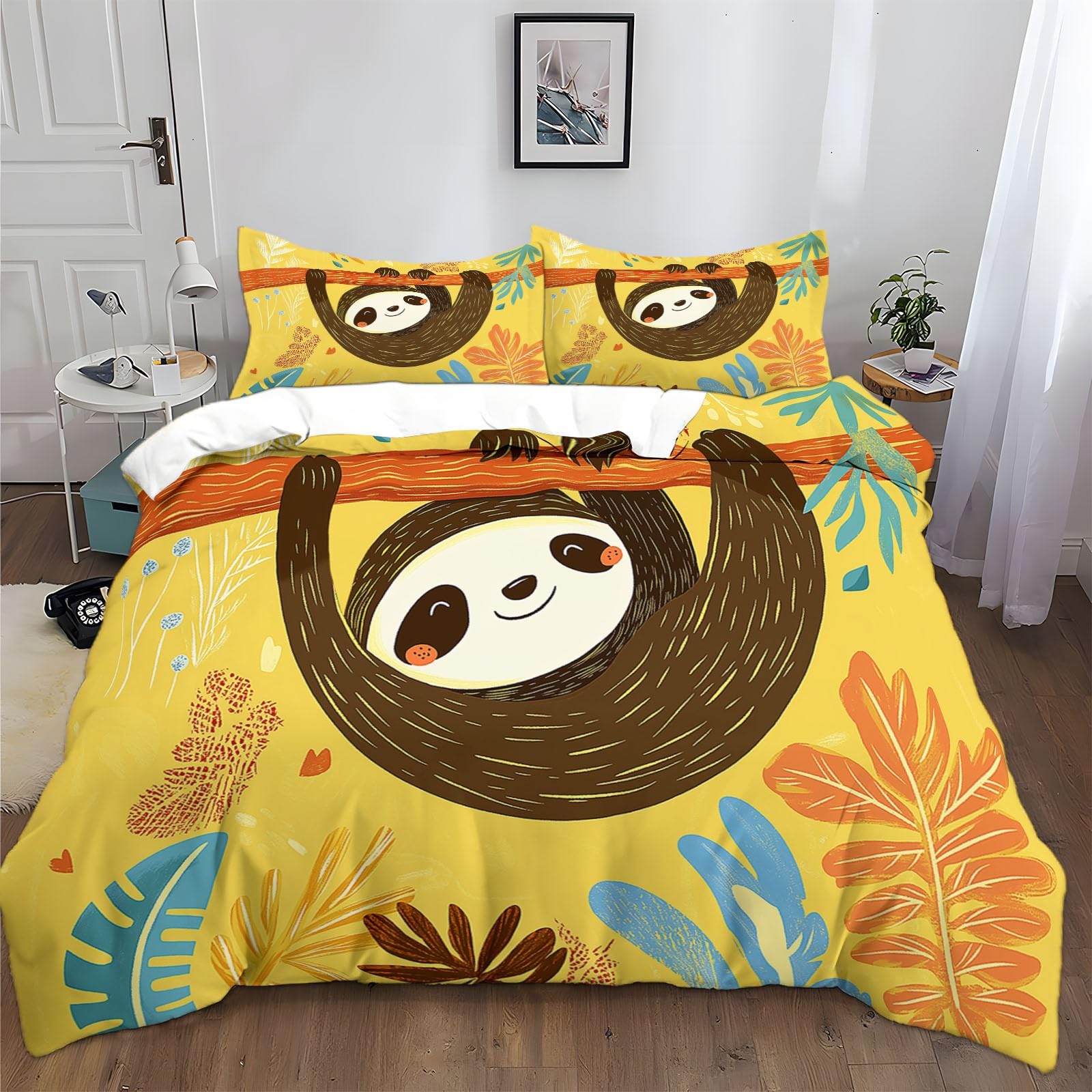 Housse de Couette Sans Repassage 140x200 cm Animaux Jaune Lit Enfant 3 Pcs