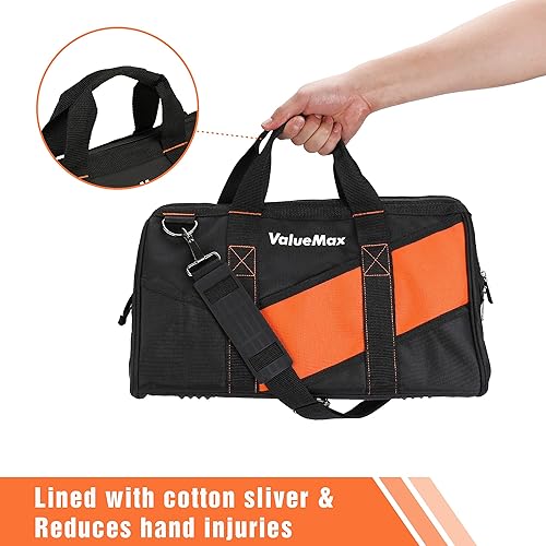 Miniatura 5 de ValueMax Bolsa de herramientas de boca ancha de 16 pulgadas, bolsa organizadora de herramientas con correa para el hombro, bolsa de almacenamiento