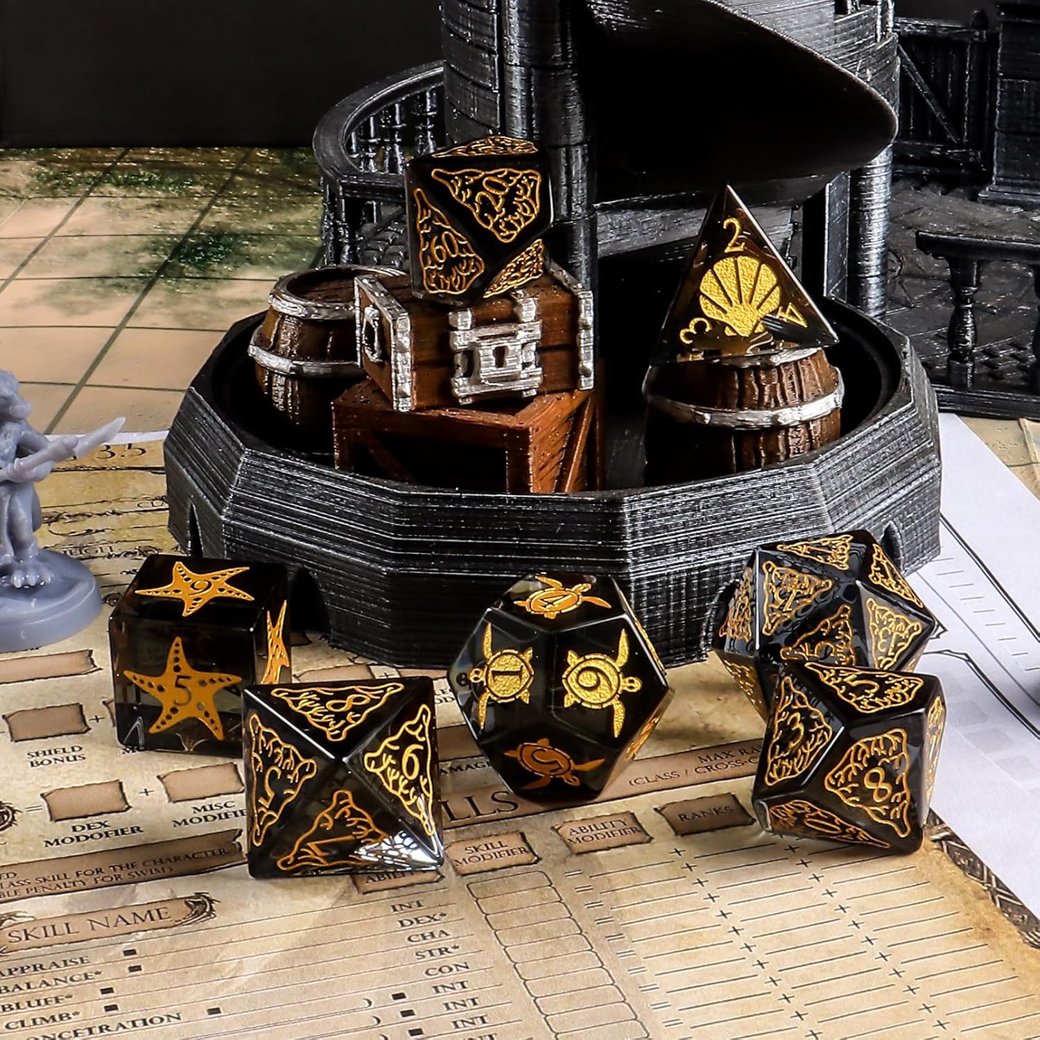 LUCKY-M Turtle Dice DND Set 7PCS, Polyhedral Dice D&D for Dungeons and Dragons, Black Dice with Case for RPG MTG Tabletop Games Men & Women Gift(Black)