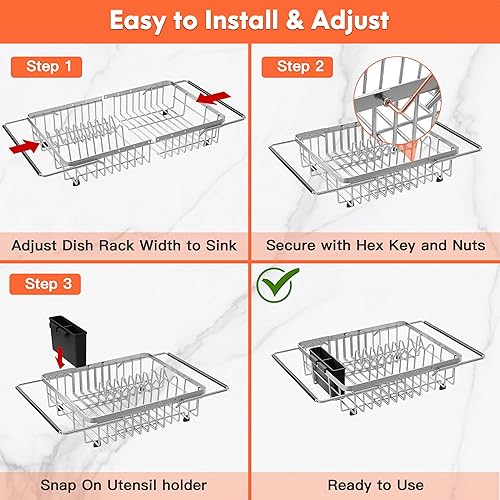 Miniatura 5 de Pequeño escurreplatos extensible sobre el fregadero de acero inoxidable para cocina, ahorro de espacio en mostrador compacto, secador de platos