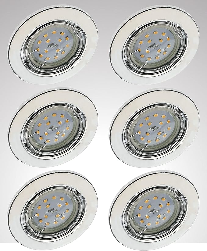 Trango Trango Set van 6 LED inbouwspots in chroomlook 6729-068MOSD rond, inclusief 6x 5 watt, 3-traps dimbaar, ultraplatte LED module lampen 3000K warmwit, inbouwlamp, plafondspot, plafondlamp