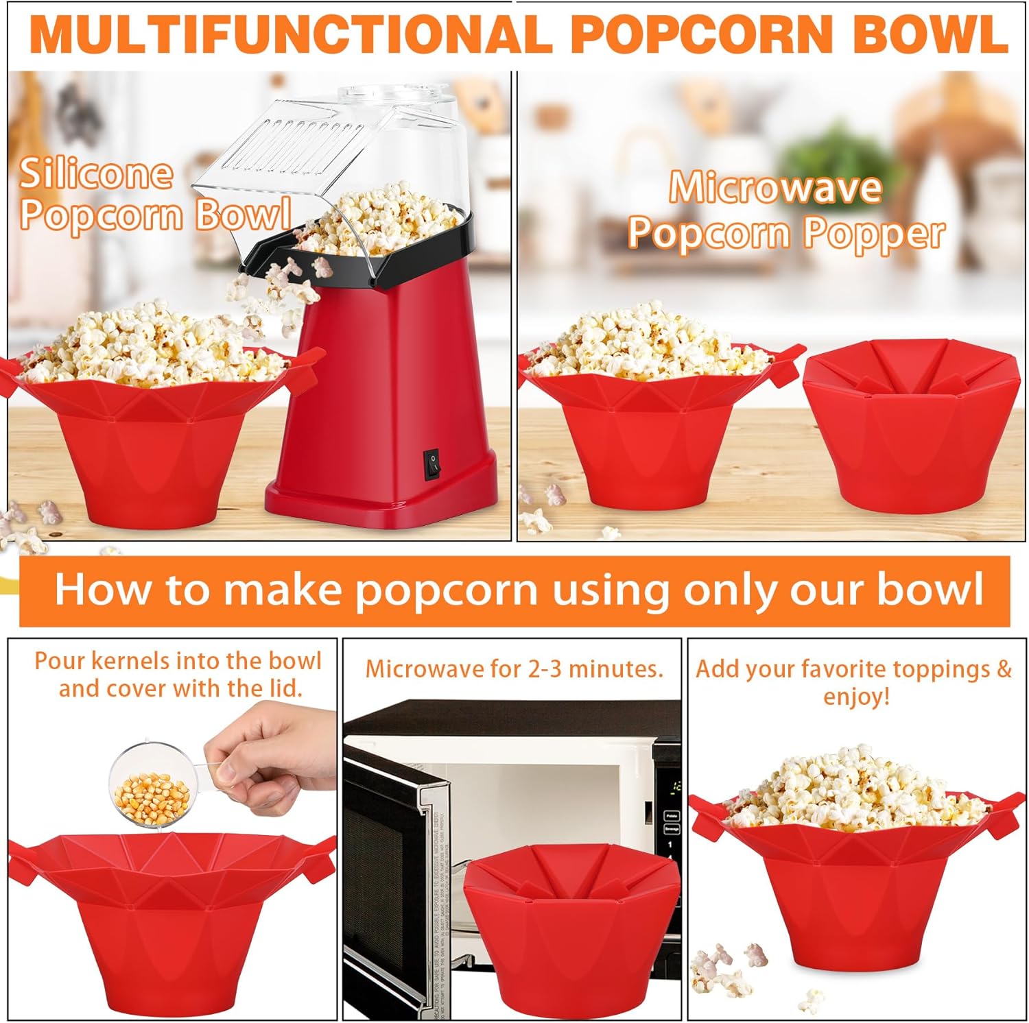 Hot Air Popcorn Popper Maker with Popcorn Bowl, Fast Popcorn Machine in Minutes with Measuring Cup and Butter Melting Tray for Party Kids,1200W