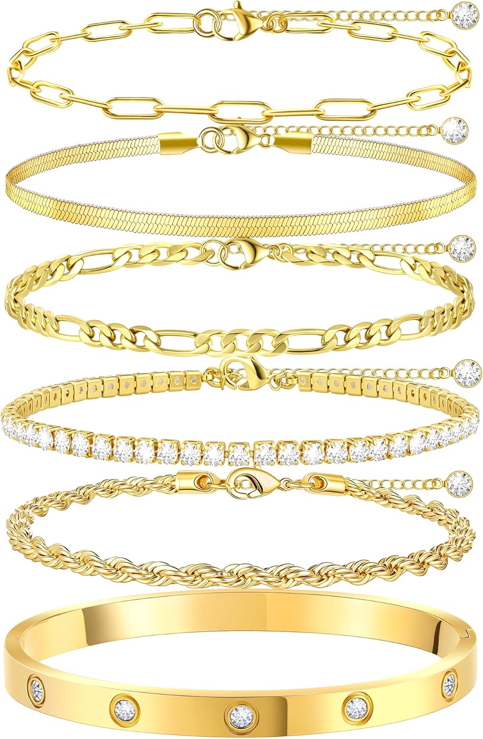 Gold Bracelets for Women Non Tarnish, Dainty 18K Gold Plated Bracelets Stack Trendy Waterproof Stackable Bangles, Cuban Link Paperclip Chain Jewelry Set Fashion Accessories Gifts for Women
