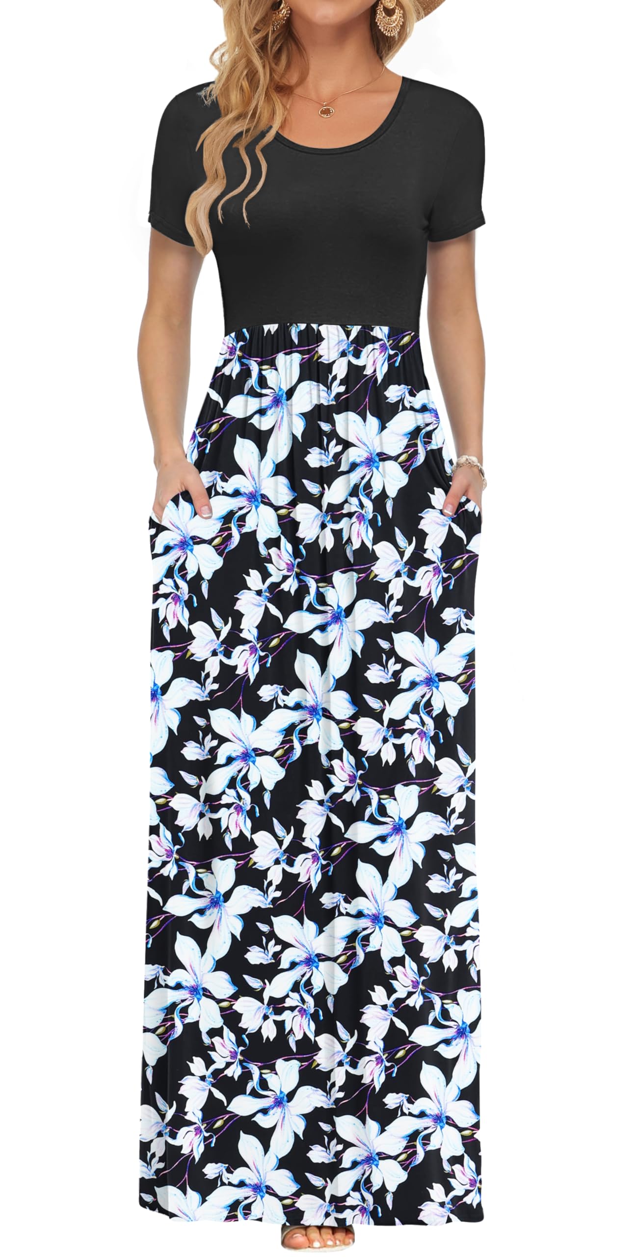 AUSELILY Women's Summer Short Sleeve Loose Plain Casual Long Maxi Dresses | Year Round wear solid floral print, Casual wear, Empire waist, Floor length, Side pockets