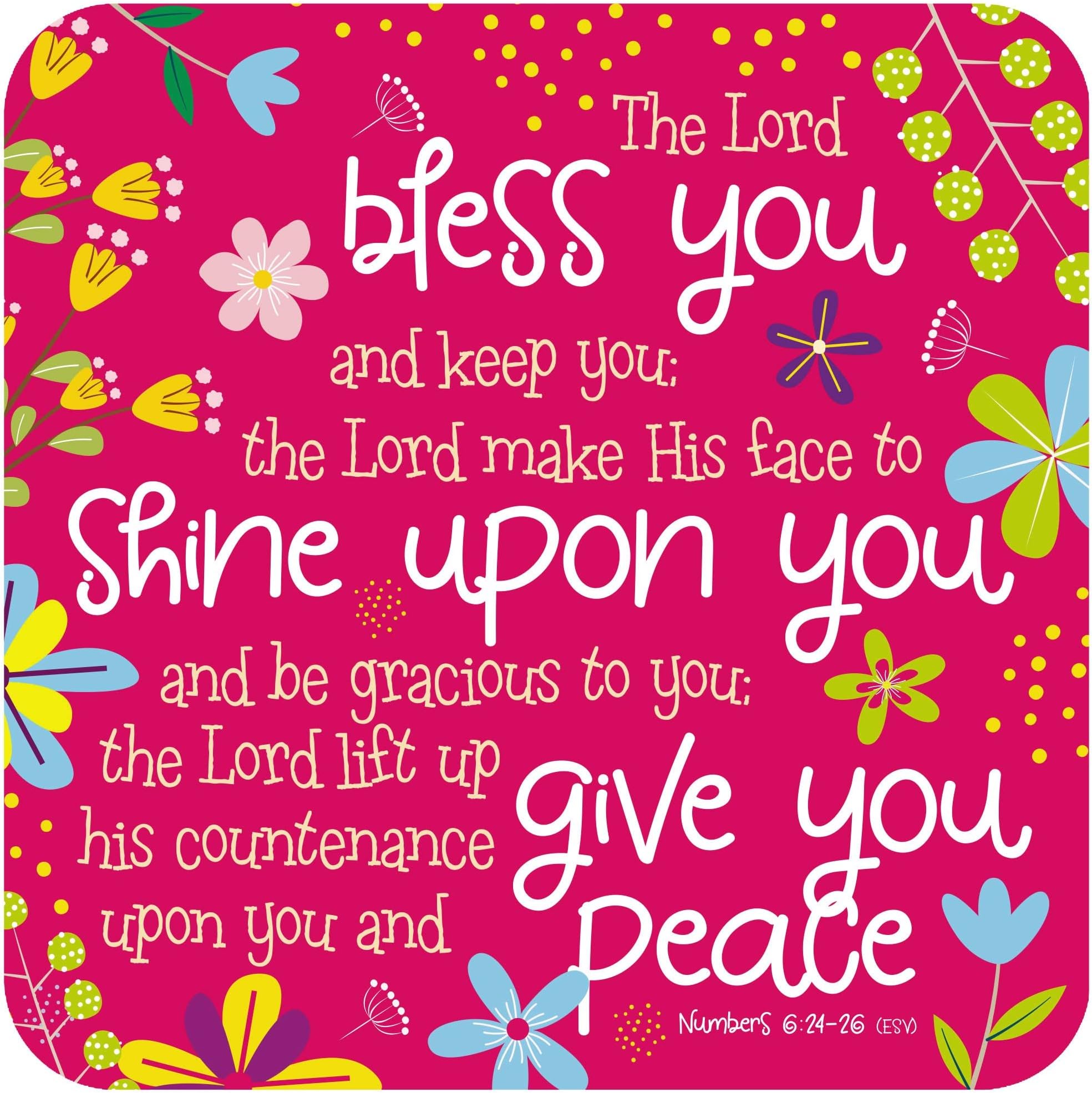 Christian Coasters, Pack of 6 cork coasters, The Lord bless you (pink), with Bible verses Numbers 6:24-26. Beautiful Christian gifts for women or men, by Just Cards Direct