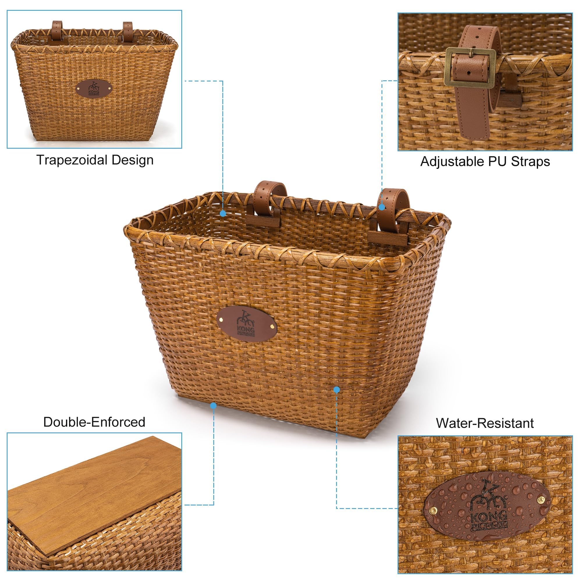 Panier de vélo – Design rétro, Guidon de vélo Robuste avec Support en Bois et Bretelles en Cuir, idéal comme Panier de vélo Avant