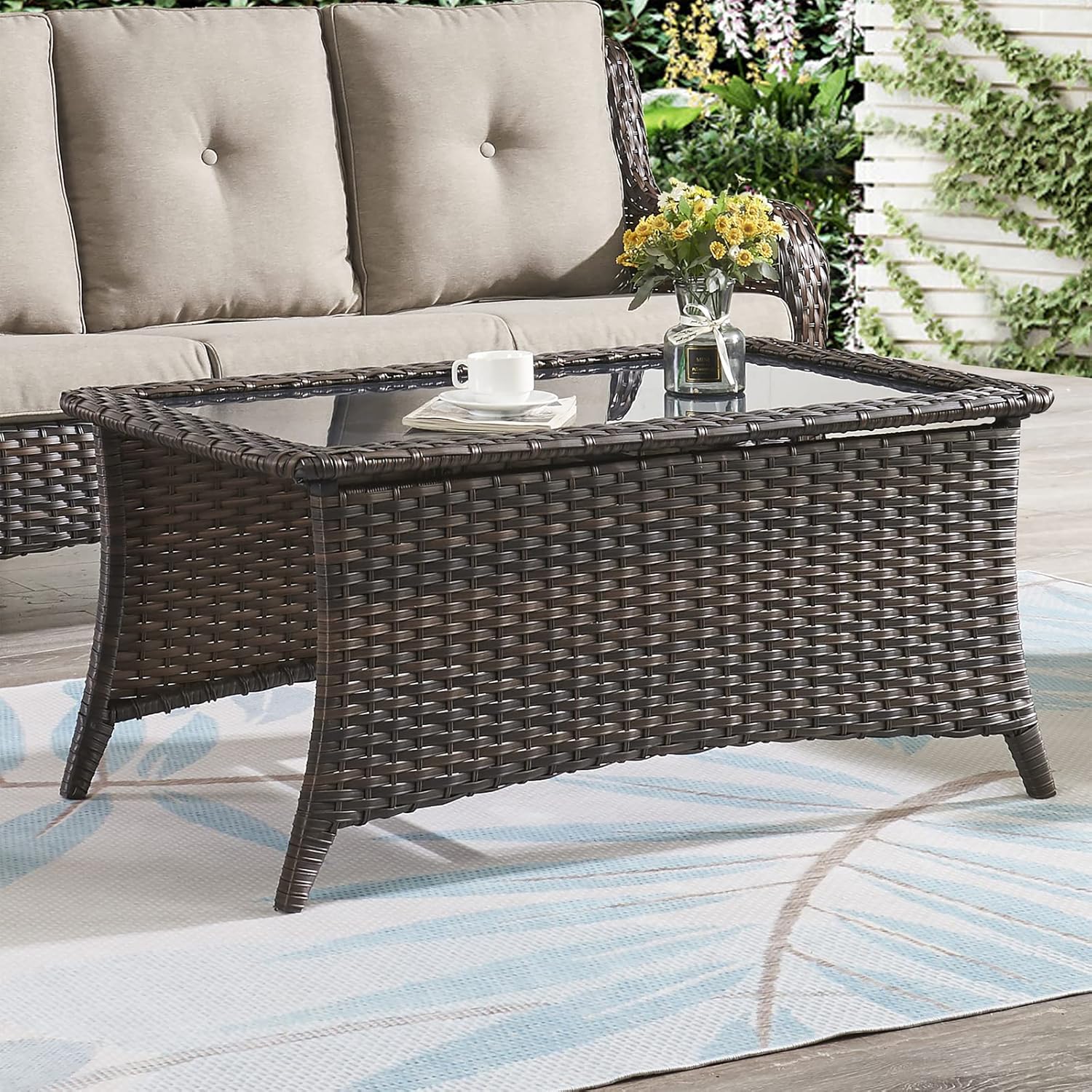 HUMMUH Outdoor Coffee Table Patio Rattan Patio Side Table Built-in Black Glass Top PE Wicker Rectangle Sofa Table Dark Brown