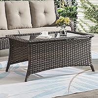 Vista 2 de HUMMUH Mesa de centro al aire libre Patio Rattan Patio Mesa auxiliar incorporada de vidrio negro PE mimbre rectangular sofá mesa marrón oscuro