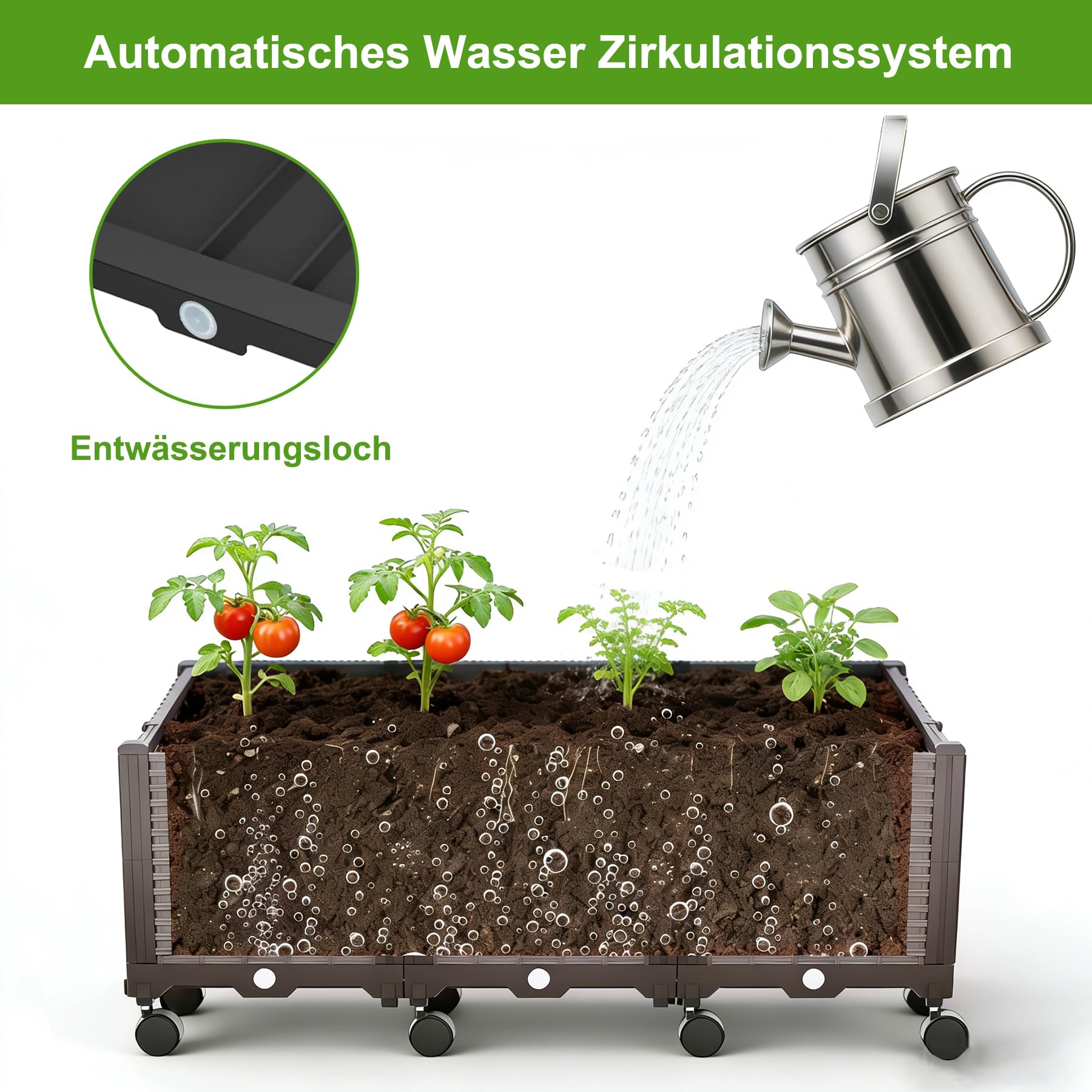 Jardinera elevada con Celosía y Autoriego, Cama de Jardín con 3 Maceteros y 8 Ruedas, Enrejado Soporte para Plantas Trepadoras, Verduras, Flores y Pantalla de Privacidad