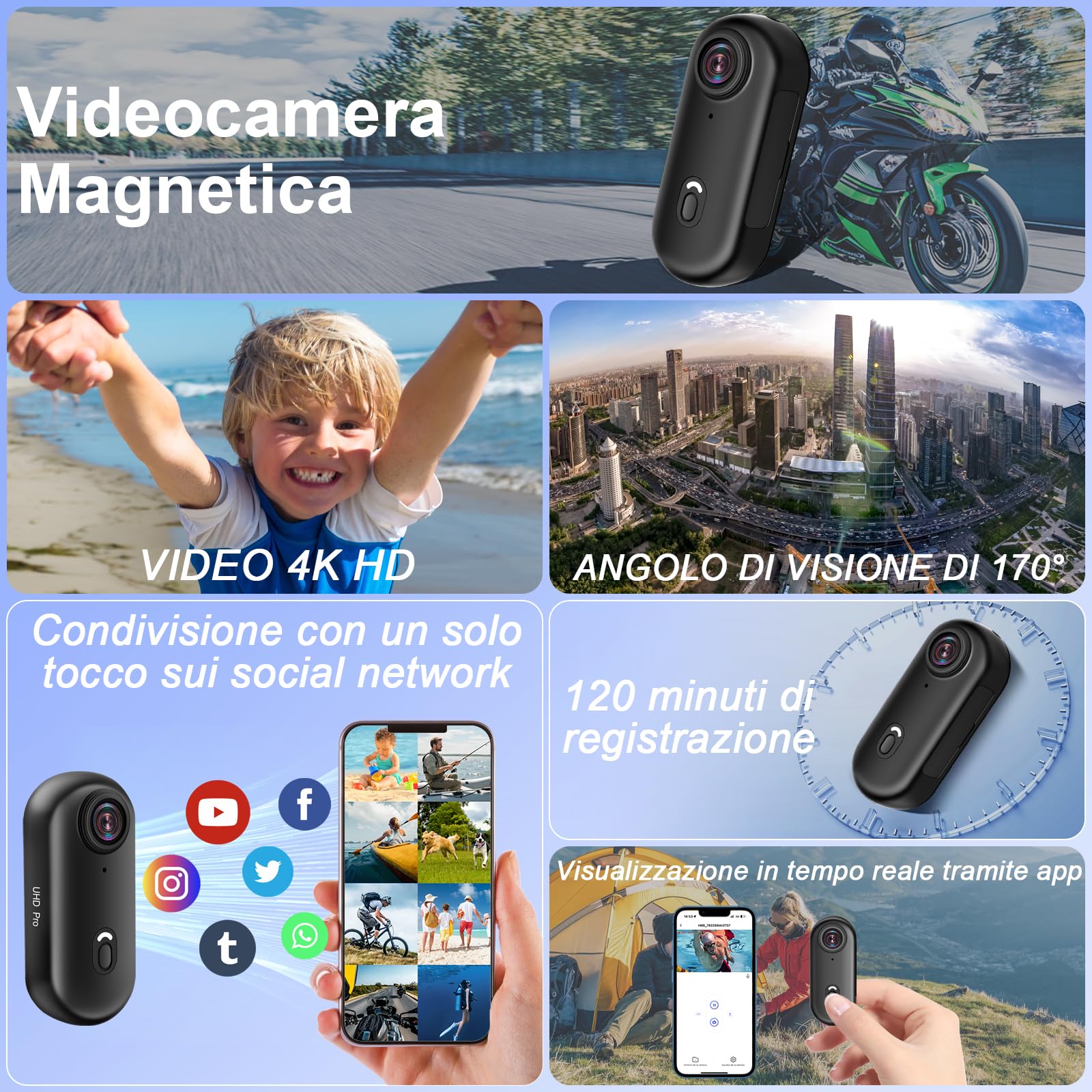 Action Camera Wifi 4K, HD Videocamera Sportiva 170° | Mini Action Camera per Casco da Bicicletta e Moto, Impermeabile con Magnete e Scheda da 32 GB