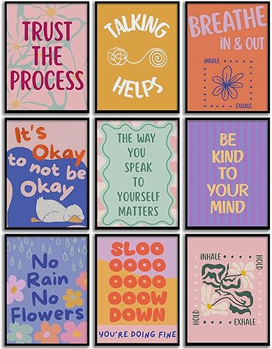 VCCOUI 9Pcs Mental Health Wall Art Therapy Counseling Positive Posters Motivational Quotes Pictures School Counselor Therapist Inspirational