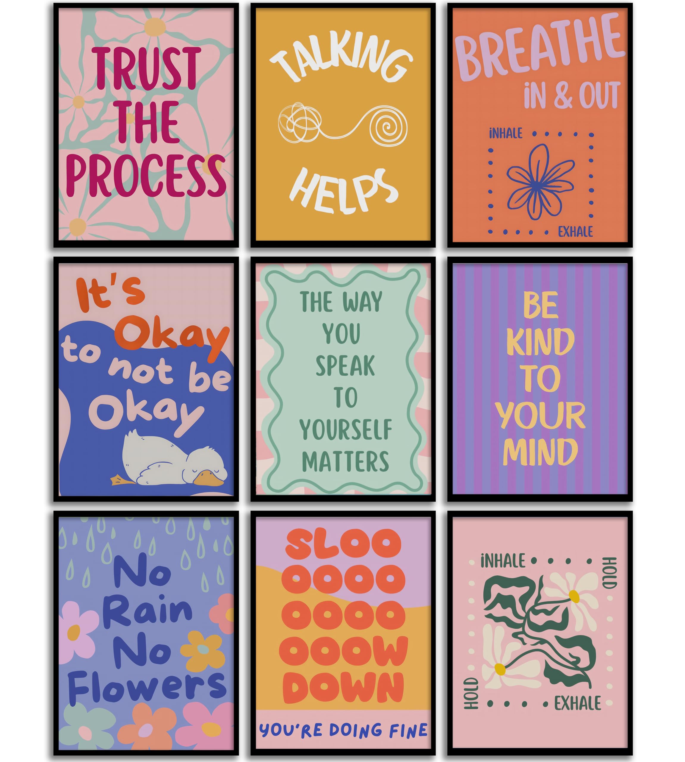 VCCOUI 9Pcs Mental Health Wall Art Therapy Counseling Positive Posters Motivational Quotes Pictures School Counselor Therapist Inspirational Painting Print Artwork for Office Bedroom, Unframed