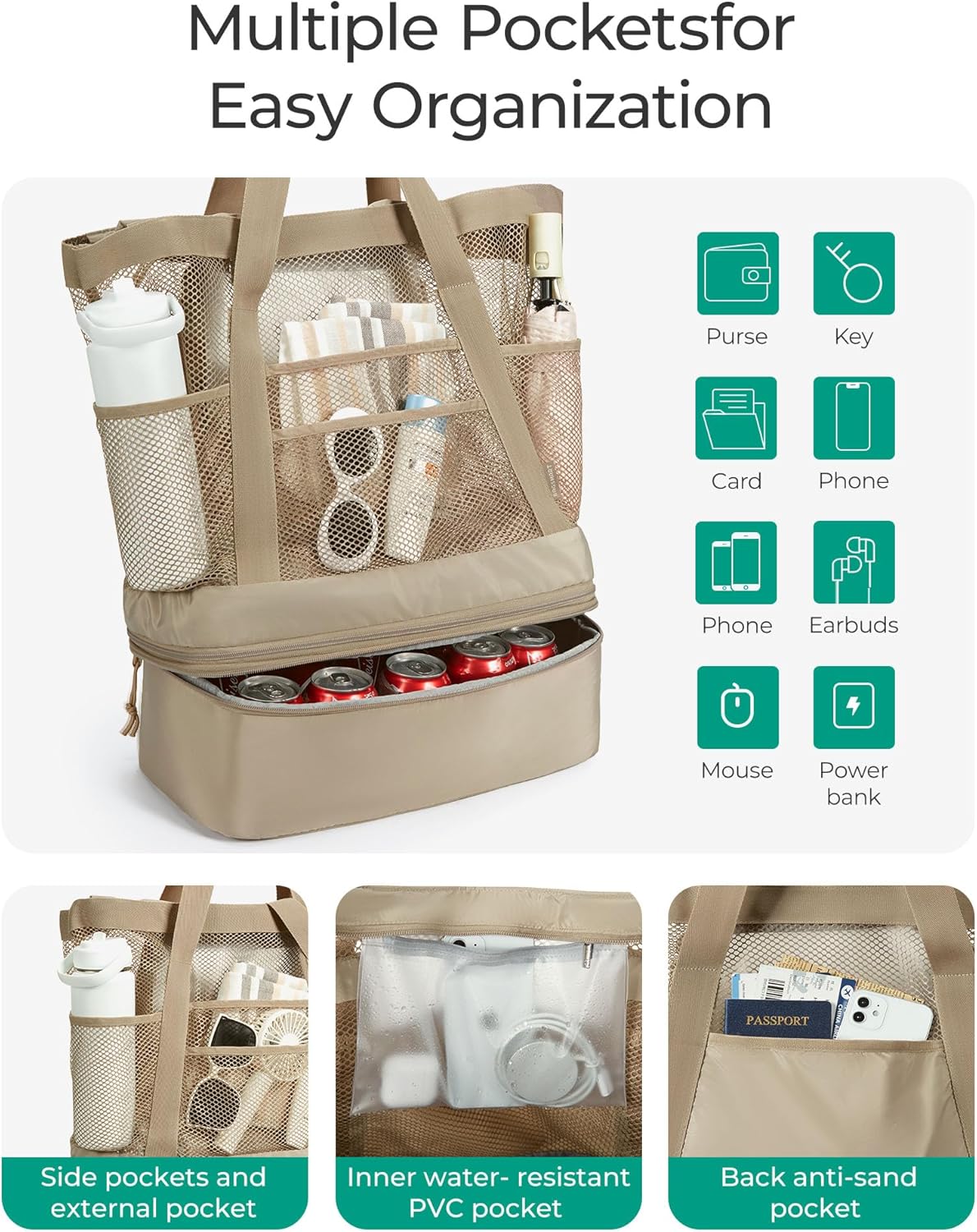 BAGSMART Beach Bag for Women, Mesh Tote Bags with Zipper, Sandproof Vacation Essentials with Cooler for Swim Cruise Pool - Image 6