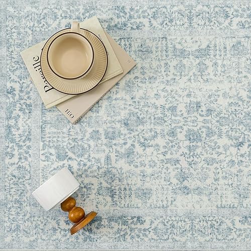 Miniatura 7 de Blue Area Rug 5x7 Machine Washable Vintage Living Room Distressed Non Slip Carpet Traditional Indoor Bedroom Retro Floral Accent Throw Large Rug