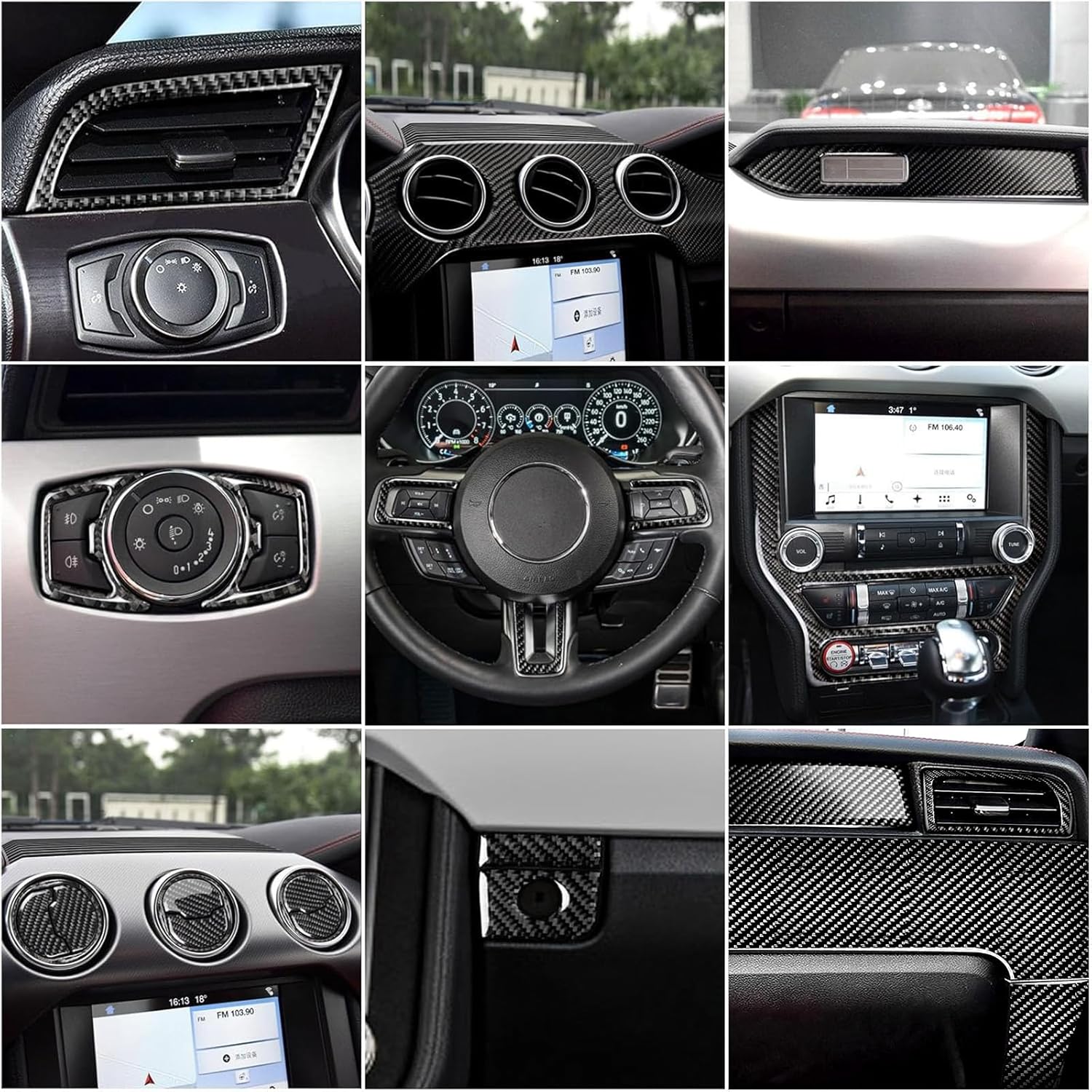 31 PCS Real Carbon Fiber Interior Trim Kit Compatible with Ford Mustang 2015-2023, Center Console Display Panel Trim AC Air Vent Trim, Interior Decor Sticker Accessories