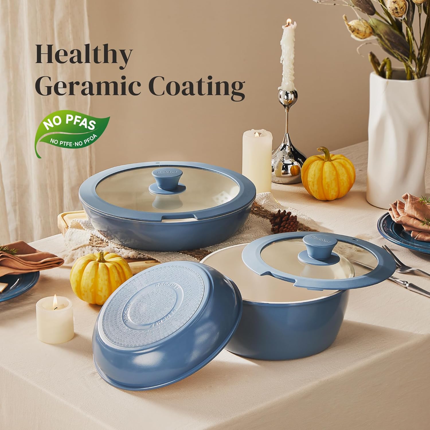 Redchef Ceramic Cookware Set, Removable Handle Pots and Pans Non-Stick, Rv Cookware Set, Non-Toxic Pots and Pans Set No PFAS, PTFE, PFOA, Detachable Pots and Pans, Dishwasher & Oven Safe(Blue)