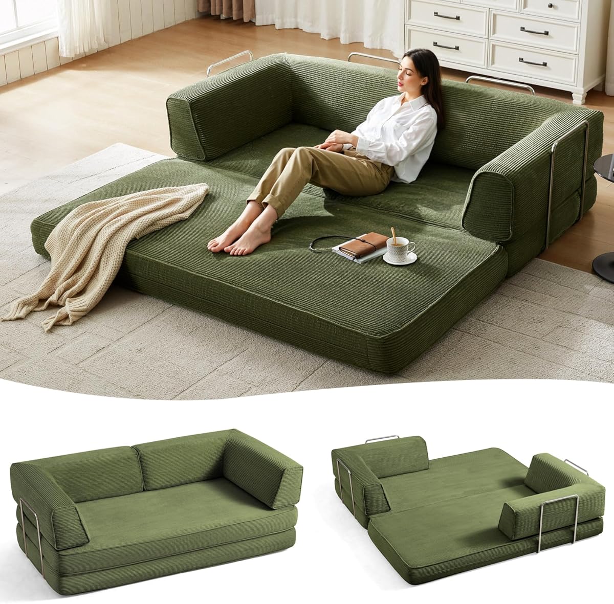 LINSY HOME 79'' Convertible Sofa Bed - Boneless Compression Sofa Folding Loveseat Sleeper - Foldable Corduroy Couch Bed for Living Room Bedroom - Modular Sectional Compressed Sofa in Box, Green