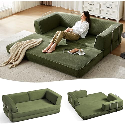 LINSY HOME 79'' Convertible Sofa Bed - Boneless Compression Sofa Folding Loveseat Sleeper - Foldable Corduroy Couch Bed for Living Room Bedroom - Modular Sectional Compressed Sofa in Box, Green