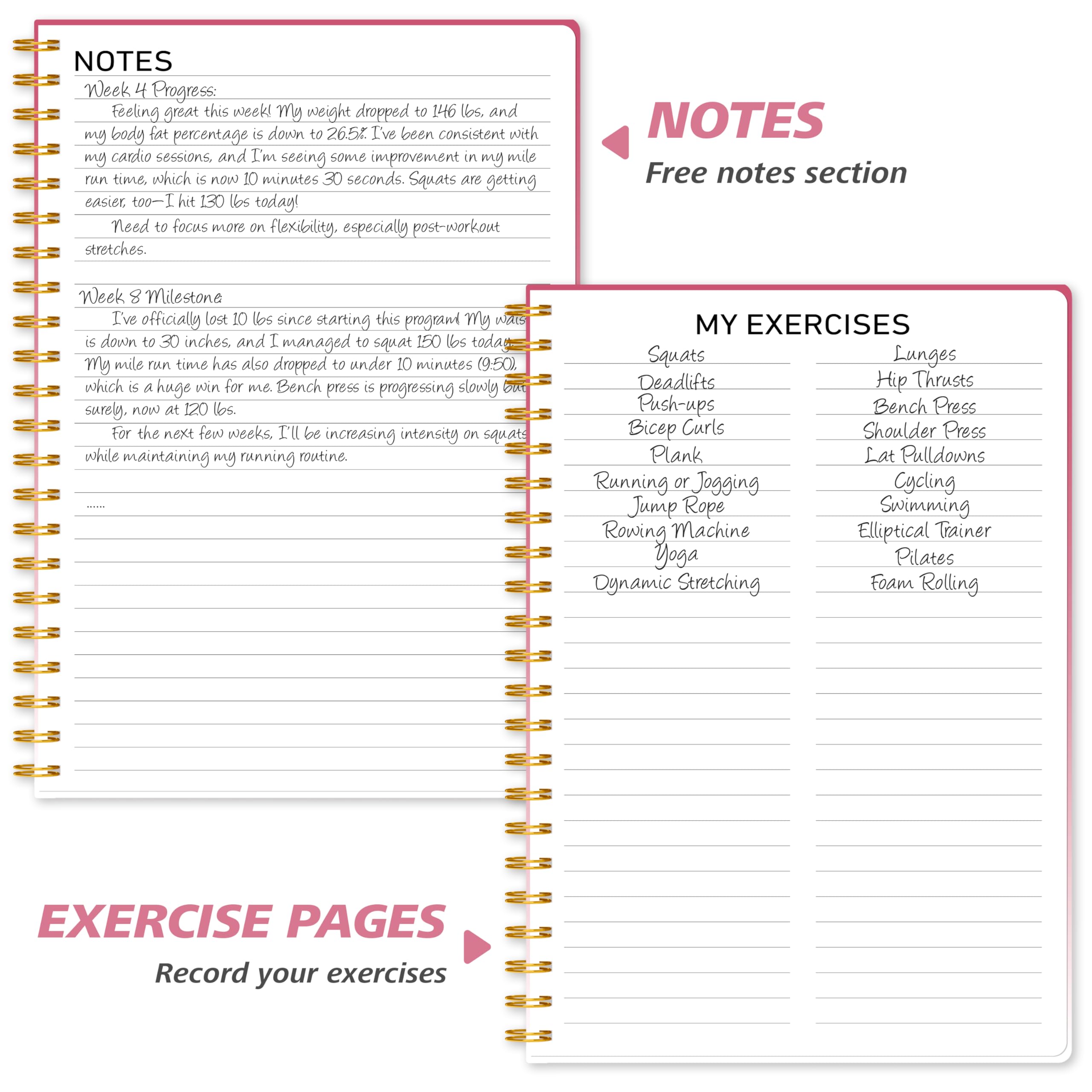 Dziennik fitness, planer treningu dla kobiet i mężczyzn, A5 (14 x 21,5 cm), solidny dziennik treningowy, na siłownię i osobiste treningi domowe, różowy