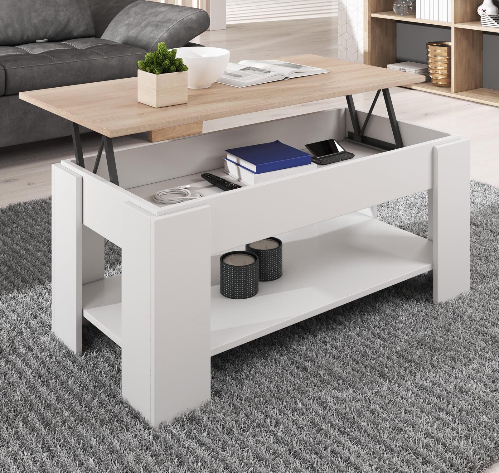 MB Muebles Bonitos, Mesa de Centro Elevable con Almacenameinto Nicoleta, Mesa pequeña para Salón, Melamina Mate, Color Blanco y Sonoma, 100x50x43,5 cm
