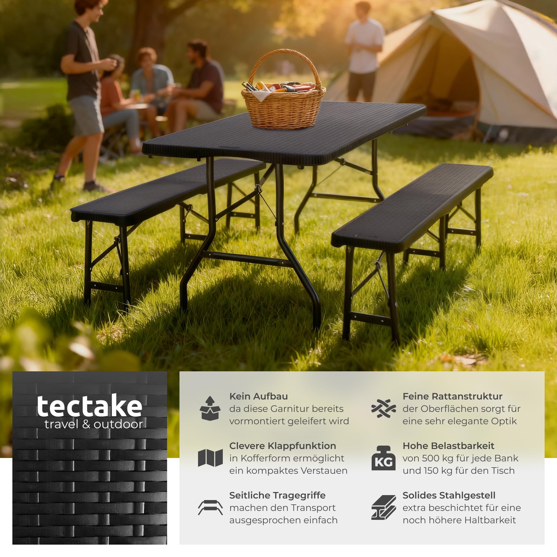 tectake® 3-teiliges Gartenmöbel Set, klappbarer Campingtisch mit 2X Bierbank, Balkonmöbel, Garten oder Terrassentisch Set, Bierzeltgarnitur, mit Tragegriffen, 180cm lang (schwarz) | Hohe Belastbarkeit 500 kg pro Bank, bodenschonende Kunststoffkappen, Trag