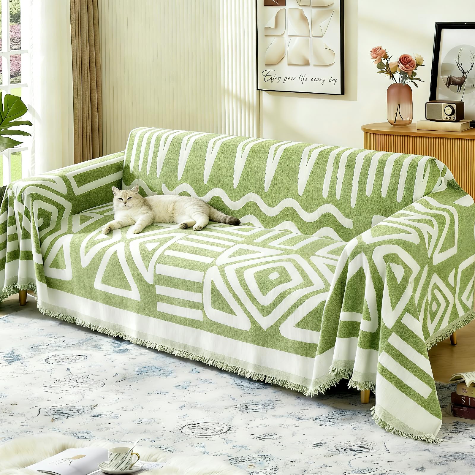 JTKDG Boho Sofa Cover 3 Seater, Chenille Couch Cover for Corner Sofa Washable Sofa Slipcover Couch Protector Loveseat L Shaped Covers with Tassel for All Seasons, Green, 180 x 300cm