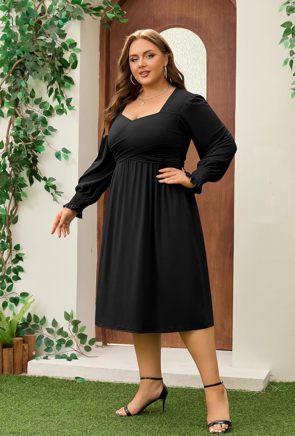 AMCLOS Women's Plus Size Casual Dress 2 Pockets Square Neck Back-Tie Crosswrap Bodice Elegant Work Business Long Sleeve - Image 8