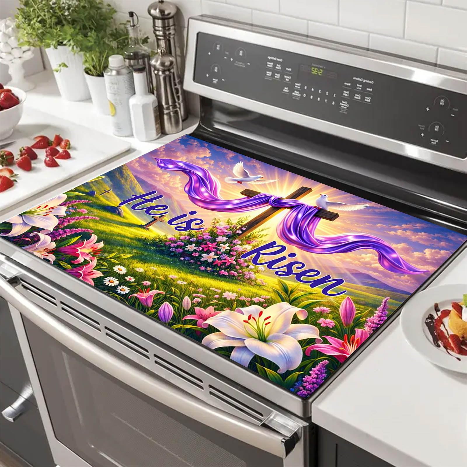 HOMETITUTE Easter Stove Top Cover 28x20 He Is Risen Cross Lily Heat Resistant