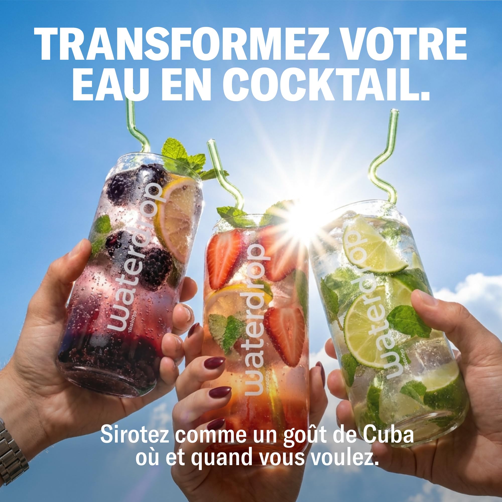 waterdrop® Coffret Mojito Dégustation - 36 Pastilles Hydratation, Cubes de Boisson aux 3 Saveurs: Mojito, Fraise & Mûre, Eau Aromatisée Sans Sucre avec Vitamines C & B, Vegan