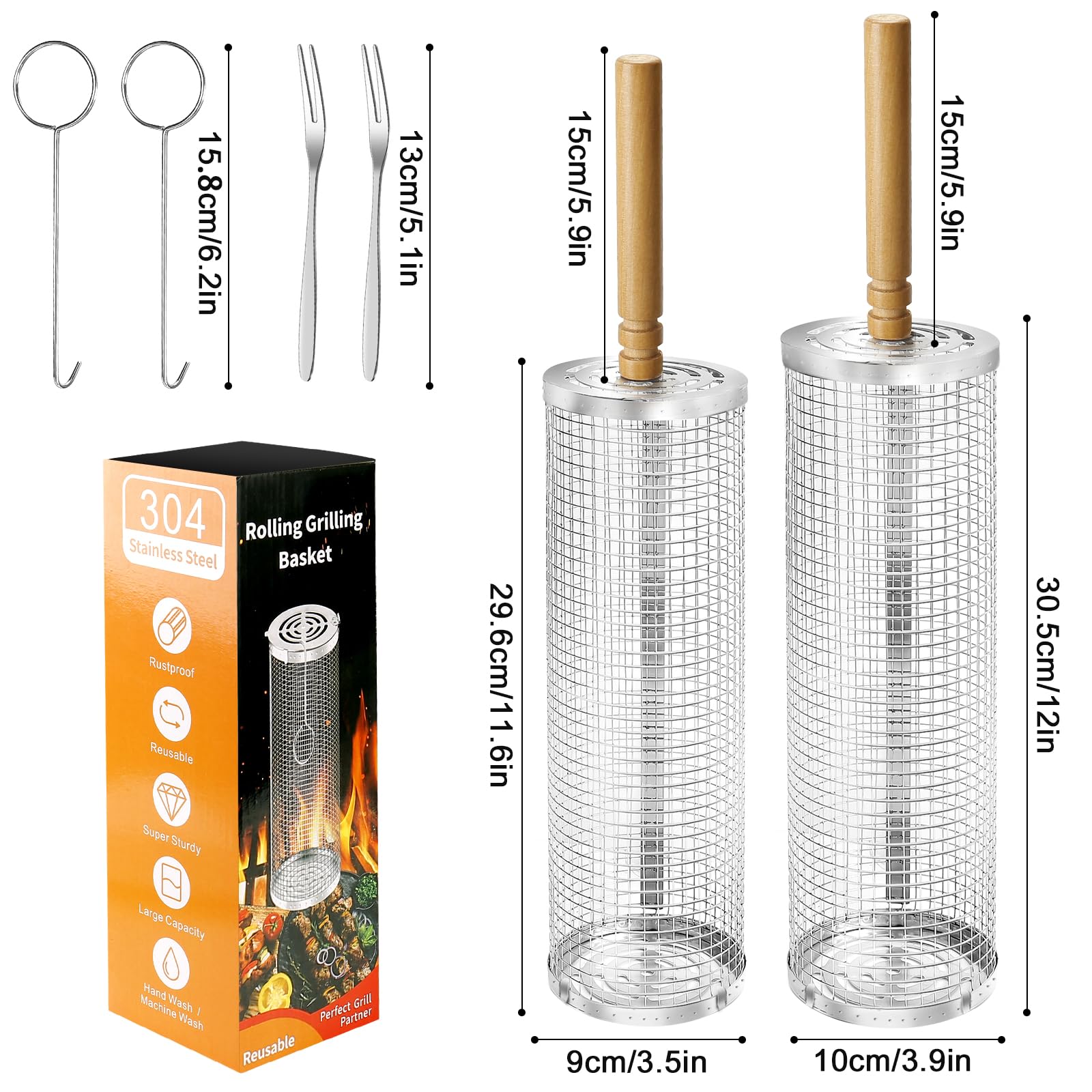 Grill Baskets (2PCS) Removable Wooden Handle Rolling Grilling Net Stainless Steel 304