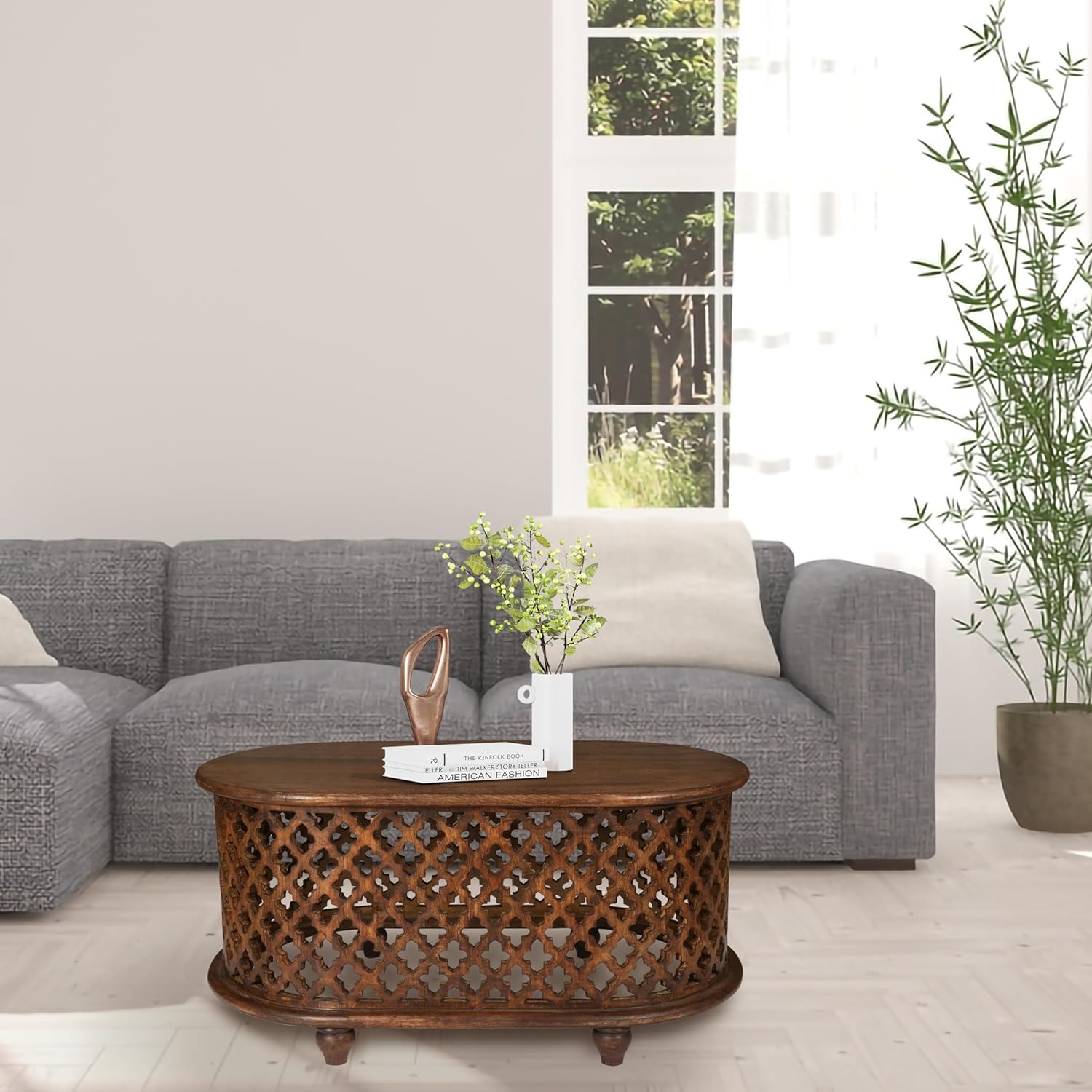 The Wooden Town Solid Mango Wood Coffee Table - Oval Center Table for Living Room, Tea Table, Wooden Accent Table, 36x21x18 Inches - Handcrafted Modern Furniture for Home Décor