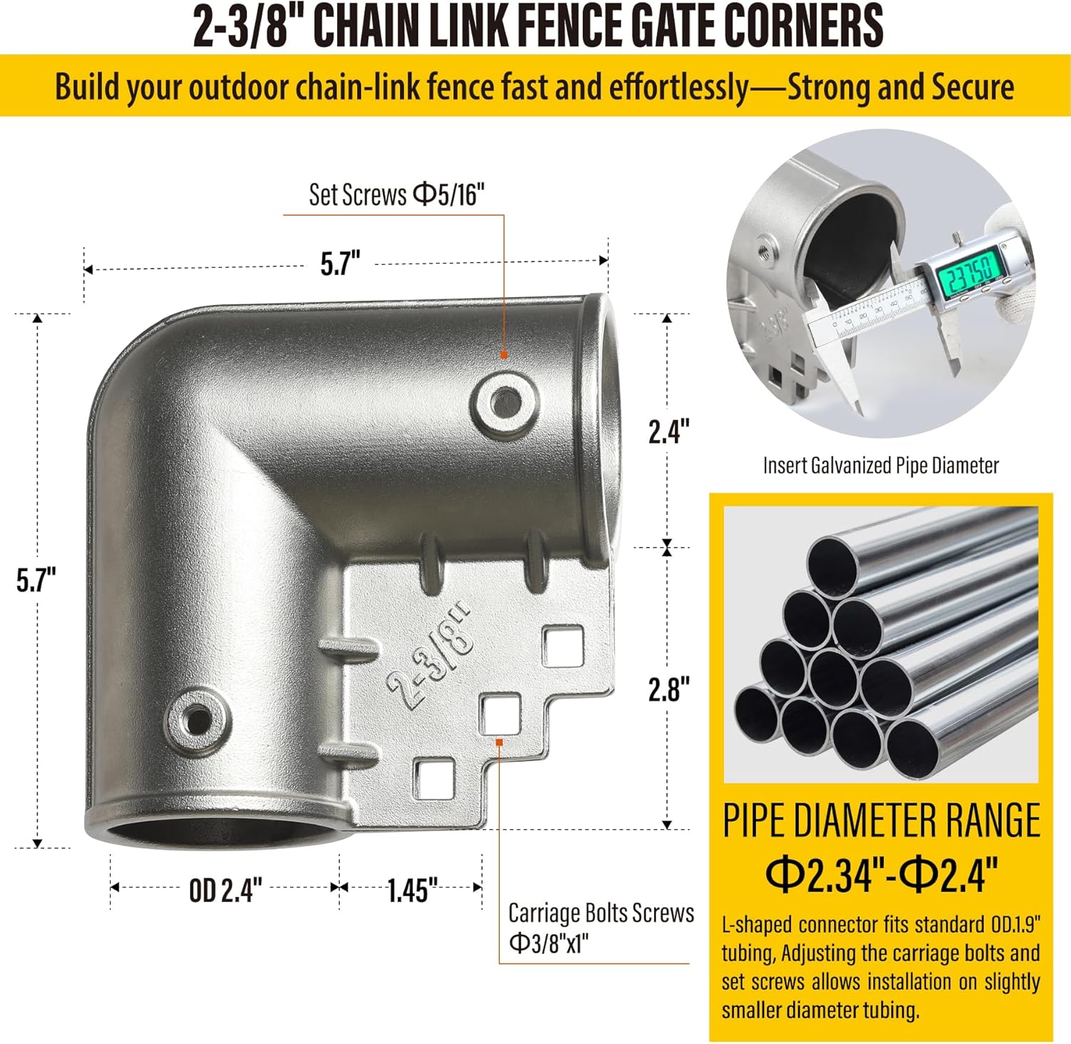 4 Pack Stainless Steel Chain Link Fence Gate Corner Elbows 90 Degree Gate Elbow for 2-3/8" x 2-3/8" Outside Diameter Pipe