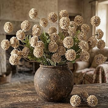 Briful 12pcs Artificial Kiku Mums Flowers Realistic Silk Pom Pom Faux Chrysanthemums for Home Decor, Wedding Centerpieces, Vase Arrangement, Fall & Spring DIY Decorations, Brown