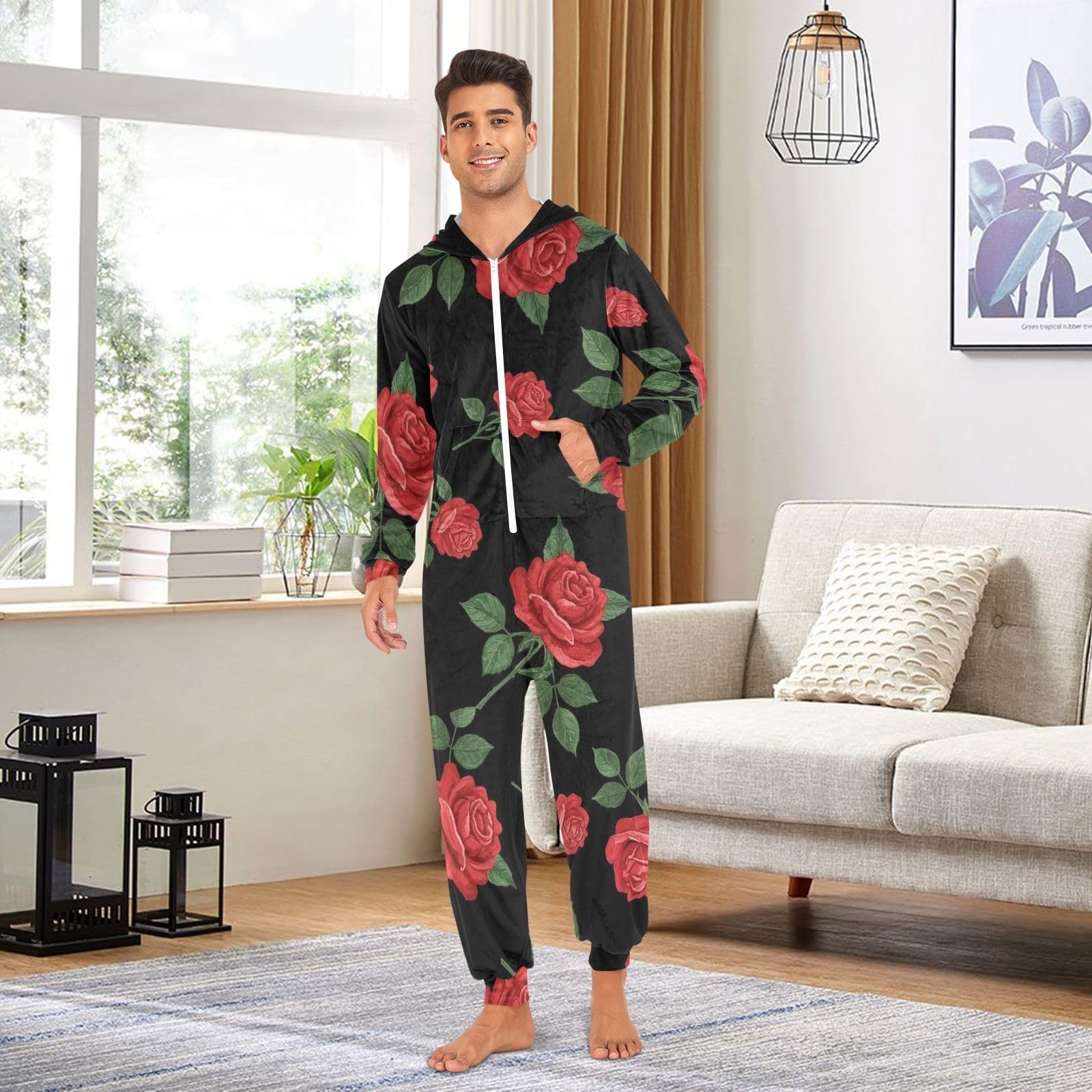 Red Roses Black Adult Onesie Pigiama, Morbido Cristallo Pile Unisex Tuta, Cerniera Frontale Natale Sleepwear