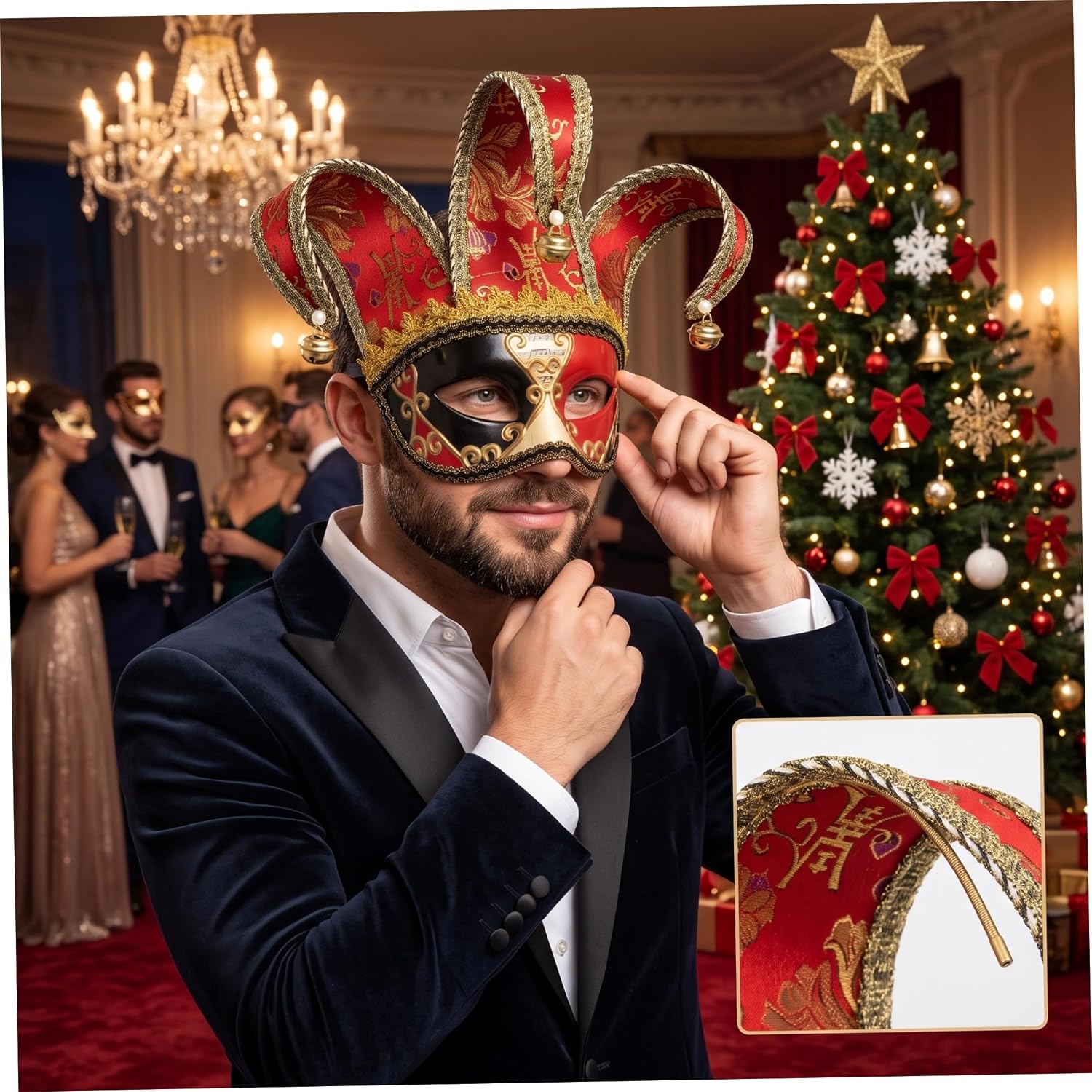 Mens Masquerade, Half Face Jester Style, Blue, One Size image 2