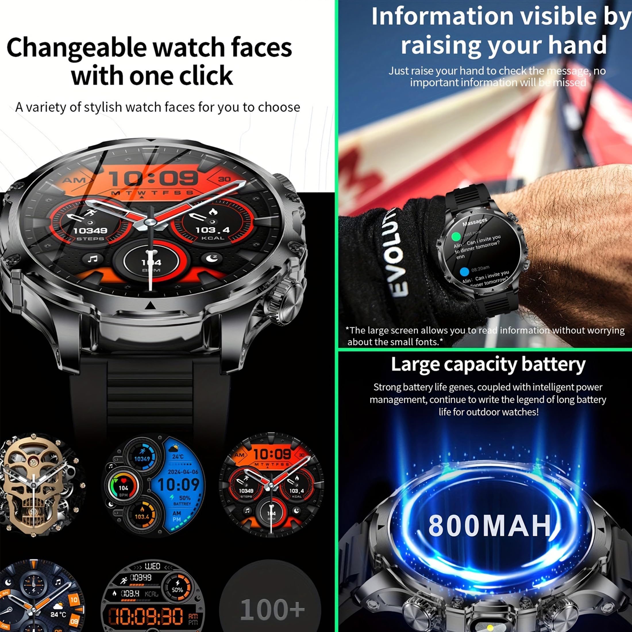 Reloj inteligente AMOLED de 1,85 pulgadas para hombre con función de teléfono, batería de 800 mAh, linterna, reloj inteligente de 5 ATM, rastreador de actividad con 123 modos deportivos