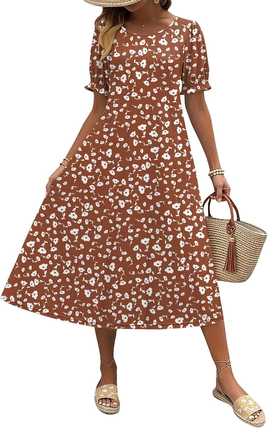 Zeagoo Womens Summer Dress Casual Midi Dresses 2026 Short Puff Sleeve Flare Dress Pleated Flowy Sundress with Pockets