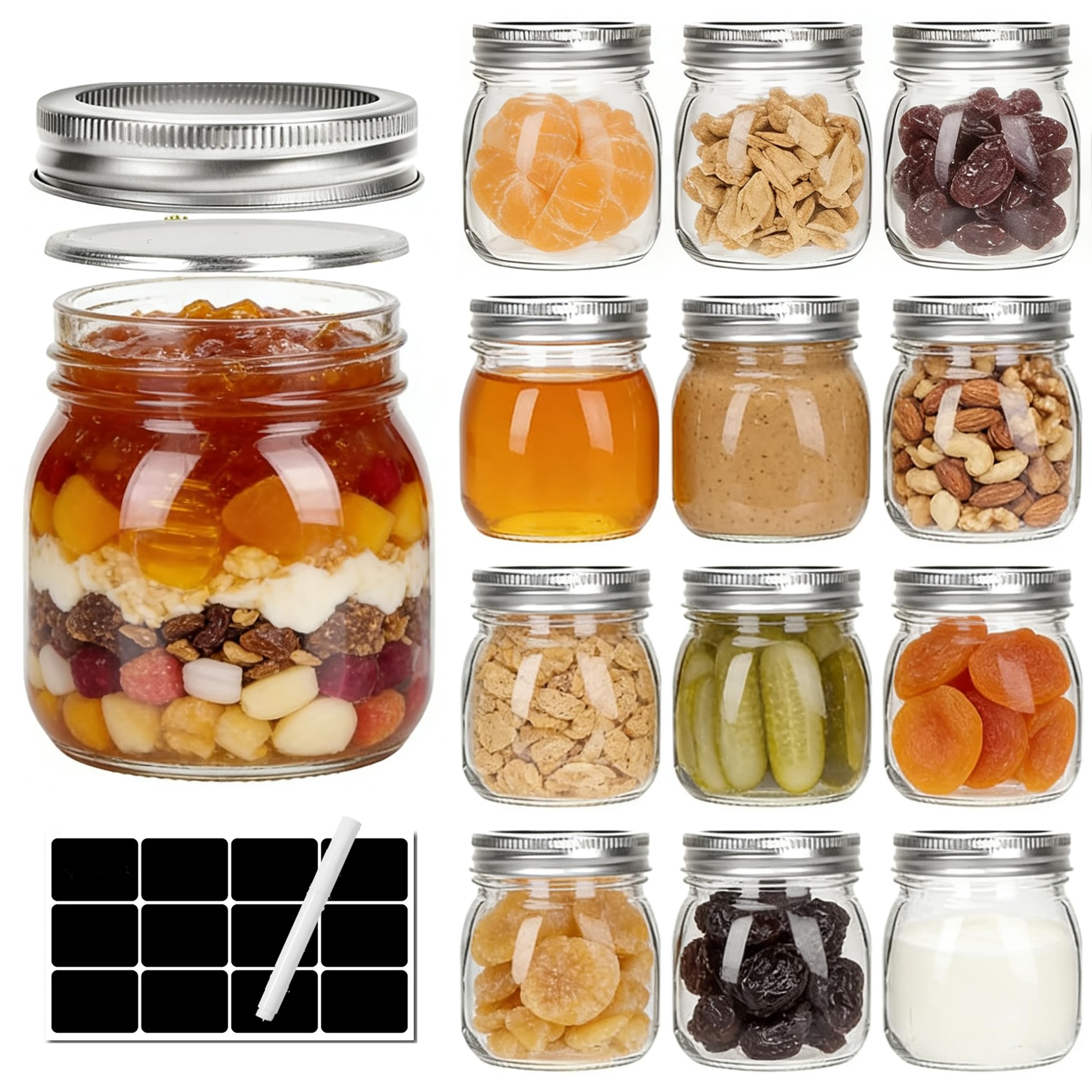1Zizifa8 Clear 12 Pack Glass Mason Jars, 300 Ml Canning Jars With Lids - 10 Oz Airtight Glass Jars For Pickling, Jam, Jelly, Chutney, Fermenting, Honey & Spice Storage - Reusable & Leak Proof