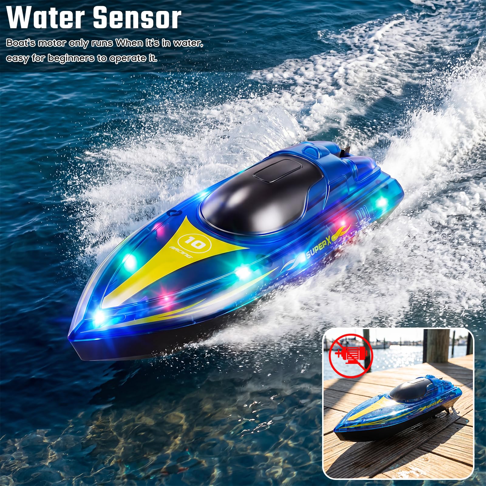 Barco Teledirigido, 2.4GHz Lancha Teledirigida con Luces LED, 2 Baterías, 90+ Mins, Alerta de batería baja, 15KM/H Barco RC para Piscinas Lagos, Juguete acuático para Adultos, niños de 14 años arriba