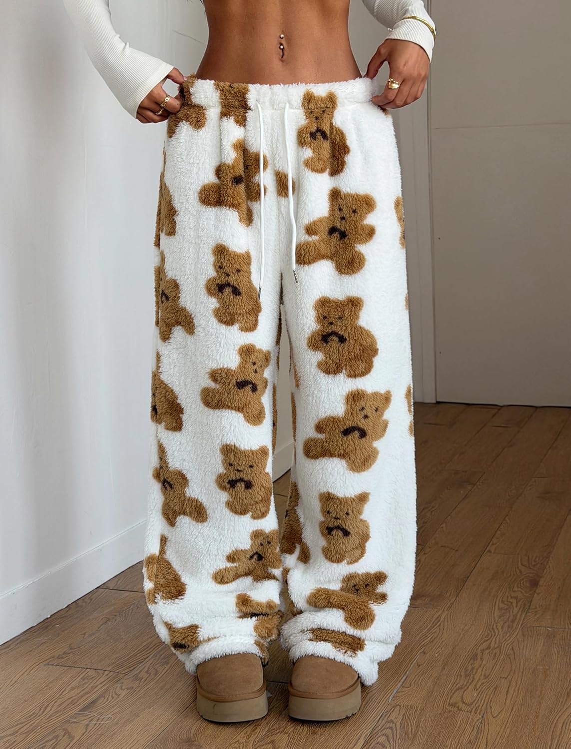 ZAFUL Women's Fuzzy Plush Pajama Pants Drawstring Elastic Waist Wide Leg Teddy Pj Bottoms Lounge Pants - Image 2